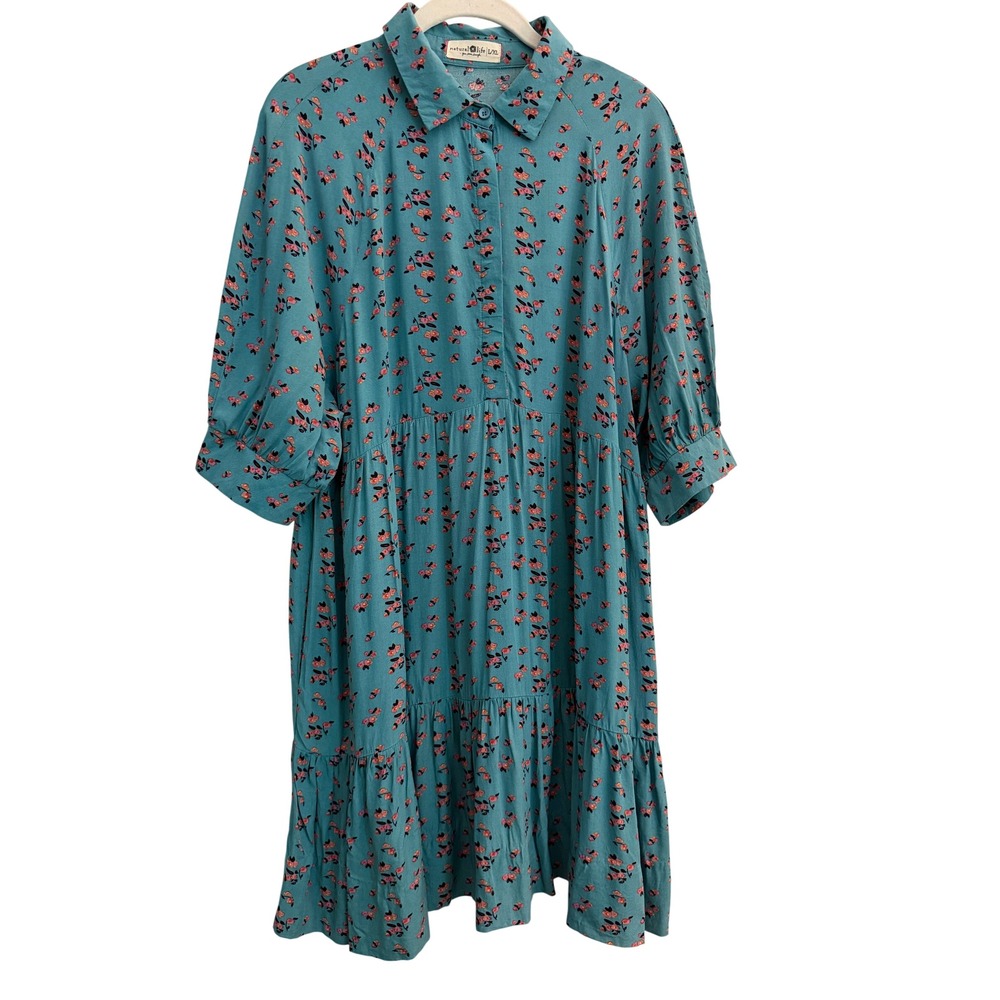 Natural Life Becca Dress Womens L/XL Teal Pink Floral Tiered Boho Shirt Dress